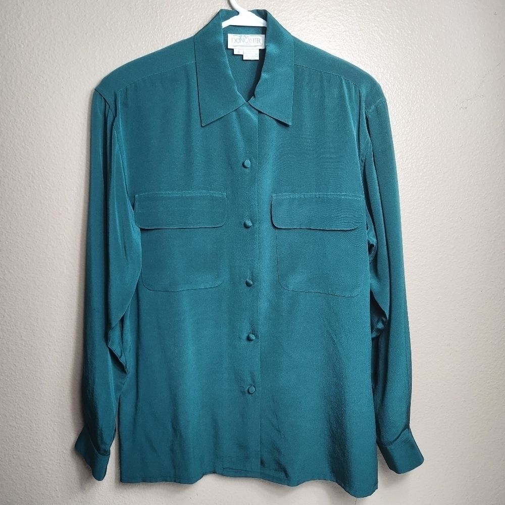 Doncaster Silks Womens Vintage 100% Silk Emerald Green Utility Blouse-Size 4